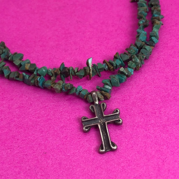 Vintage turquoise two strands silver cross necklace 925 - 00G02L - Picture 2 of 3